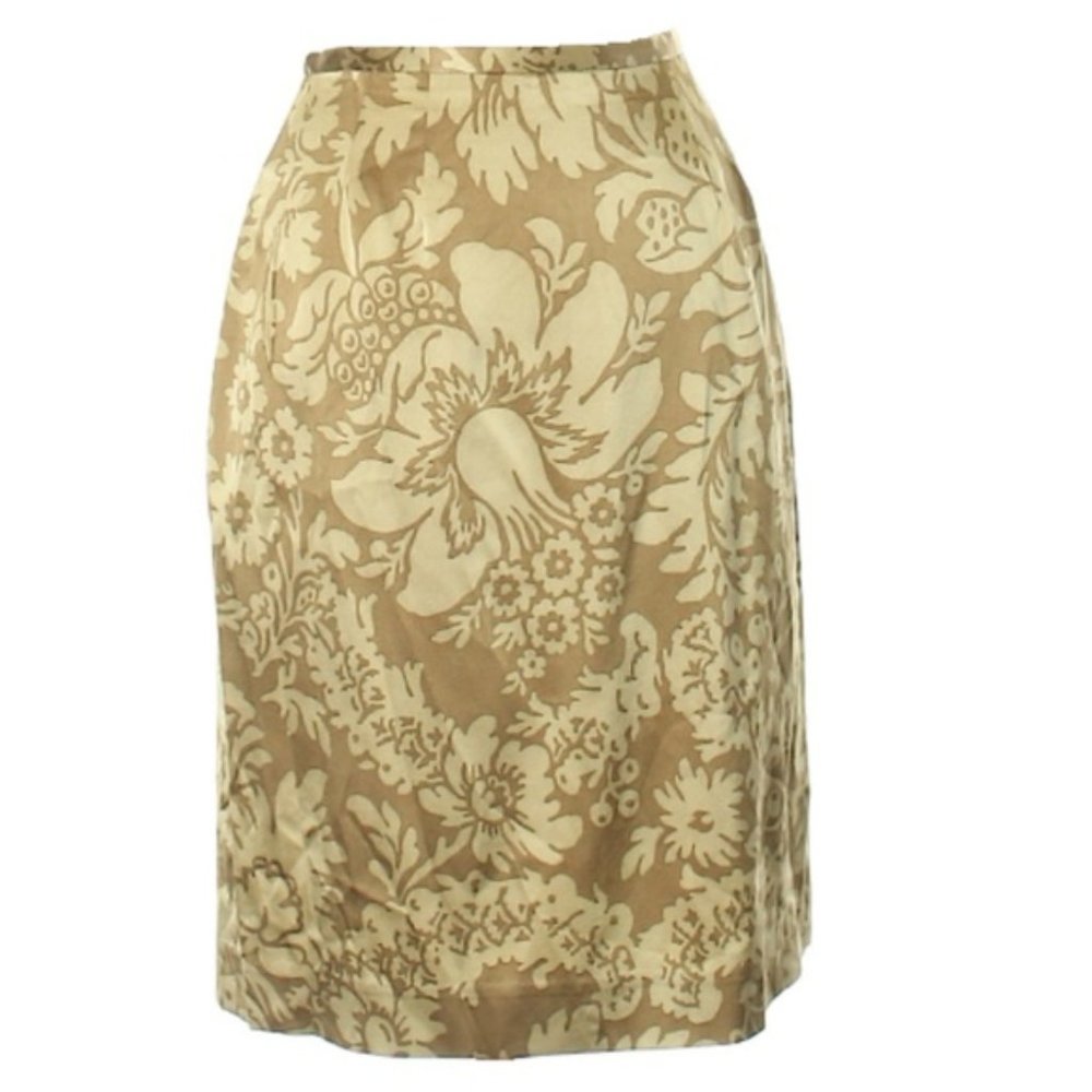 Nicole Miller Skirt Womens Size 4 Tan Silk Floral Knee Length Flat Front Pencil
